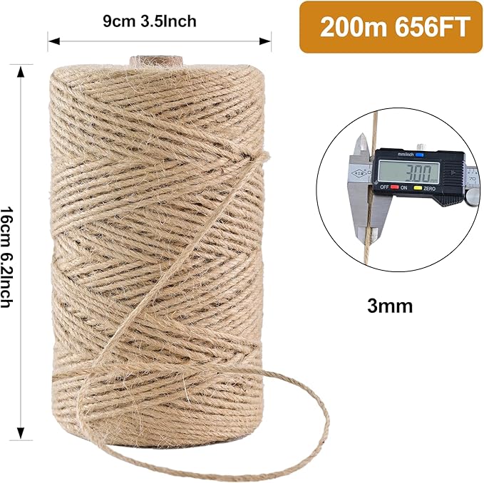 Natural Jute Twine 656 Feet Long String for Crafts Gift Wrapping Christmas Handmade Arts Decoration Packing String Home Decor (3mm * 656feet)