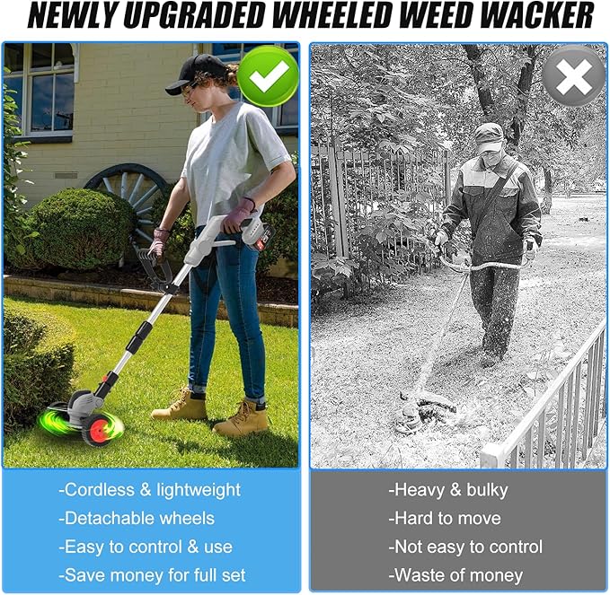 Weed Wacker Cordless Battery Powered Electric Weed Trimmer with 2X 21V/4.0Ah Battery Operated & Wheels 3 Types Blades, 3 in 1 Stringless Grass Trimmer/Edger/Brush Cutter for Garden Yard Lawn(Gray)