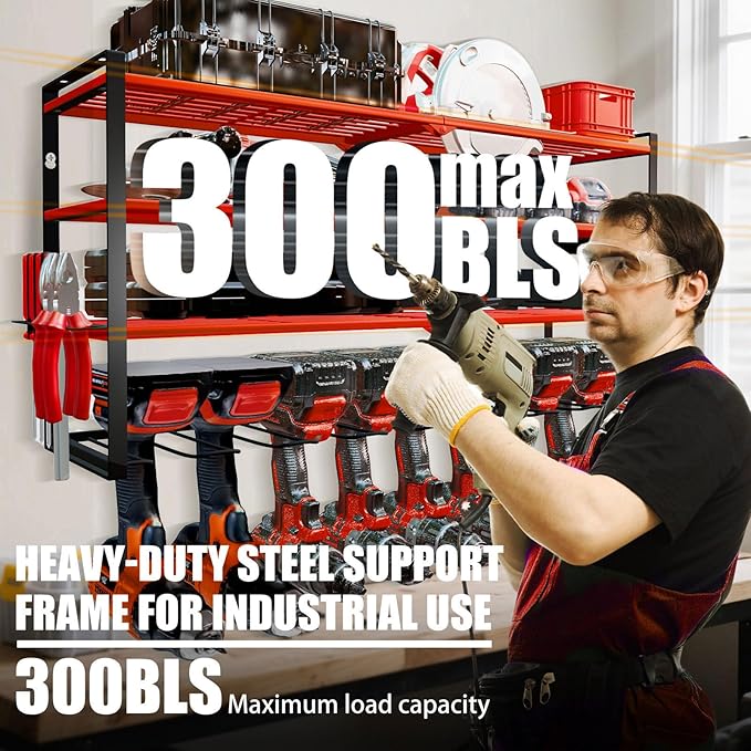 Power Tool Organizer Wall Mount – Metal Cordless Drill Storage Rack with 8 Slots, 4-Tier Adjustable Shelf for Garage, Workshop & Shed Red