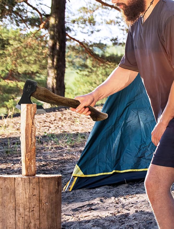 The Berserker - Camping Hatchet - Bushcraft Axe for Wood Chopping Carving- 15.7" Hand Axe with Leather Sheath