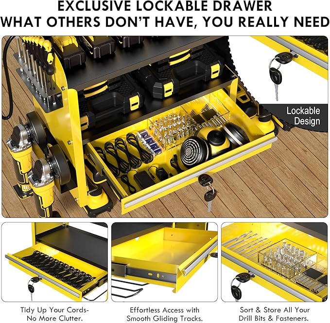 KSVO Power Tool Organizer Wall Mount with Drill Rack, Grinder Holder, Hammer & Pliers Rack, Locking Drawers, 6-Outlet Charging Shelf – Heavy Duty Metal Tool Storage for Garage, Workshop (Yellow)