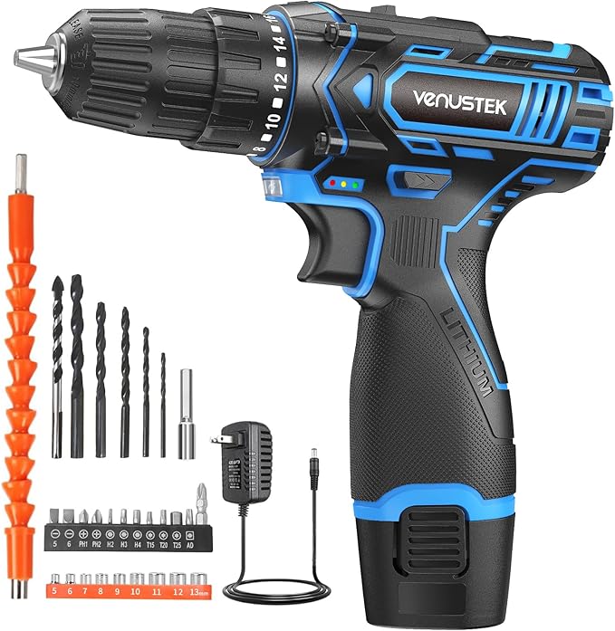 Cordless Drill Set, 12V Power Drill with 2.0Ah Battery and 2-Speed, 30Nm Torque, 25+1 Clutch Settings, 3/8" Keyless Chuck, Blue Electric Drills for Home DIY, Wood, Metal, Plastic Drilling