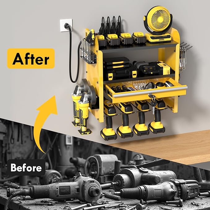 KSVO Power Tool Organizer Wall Mount with Drill Rack & Locking Drawers - Heavy Duty Metal Tool Shelf for Garage, Workshop, Shed, Basement Tool Organization - Gift for Men/Father (Yellow)