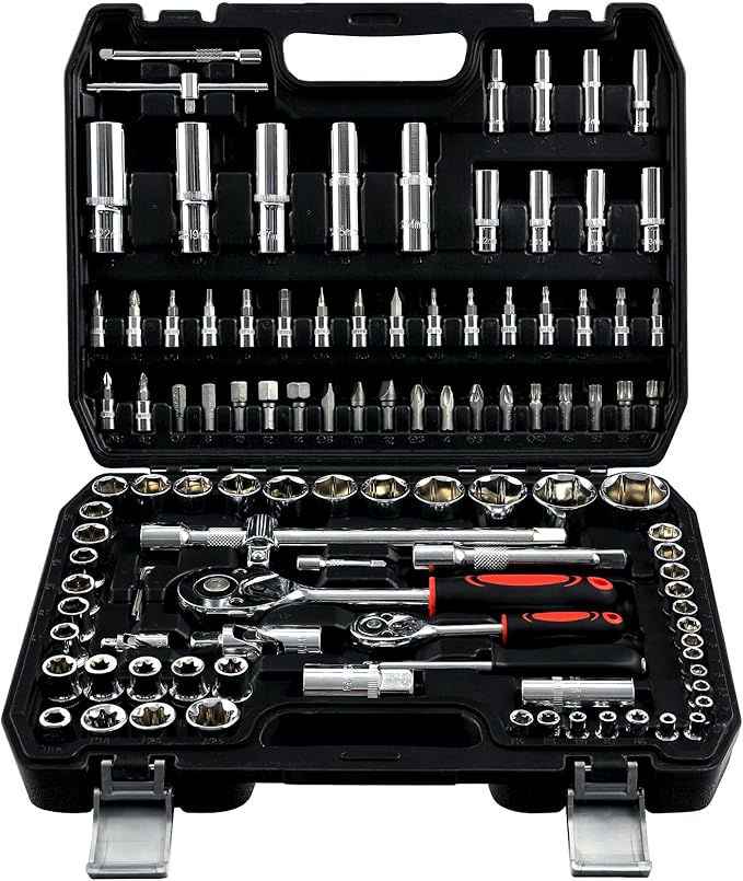 PIRIPARA 108 Piece Mechanics Tool Set Metric And Standard 1/4" & 1/2" Socket Set, Ratchet Set, Universal Joint, Extension Bars, Quick Release Reversible Ratchet Wrench, Plastic Toolbox Storage