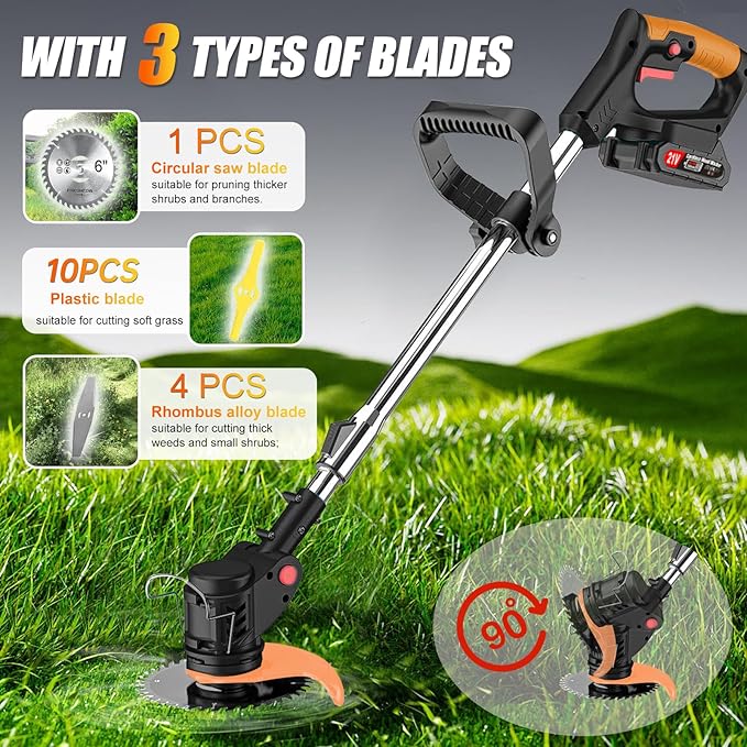 Electric Weed Wacker Cordless Eater Battery Powered, 21V Lightweight Stringless Grass Trimmer/Edger/Brush Cutter, 3 in 1 Weed Trimmer with 2 Battery Operated and Wheels for Yard and Garden