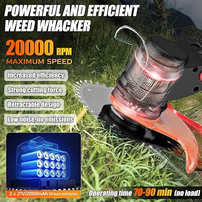 Electric Weed Wacker Cordless Eater Battery Powered, 21V Lightweight Stringless Grass Trimmer/Edger/Brush Cutter, 3 in 1 Weed Trimmer with 2 Battery Operated and Wheels for Yard and Garden