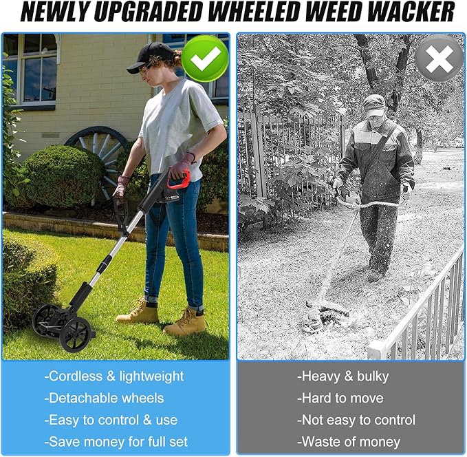 Cordless Weed Wacker Battery Powered Electric Weed Trimmer, with 2Pcs 21V Battery 5 Types Blades Lightweight Grass Trimmer Edger Lawn Tool, Push Wheeled No-String Trimmer for Garden Yard