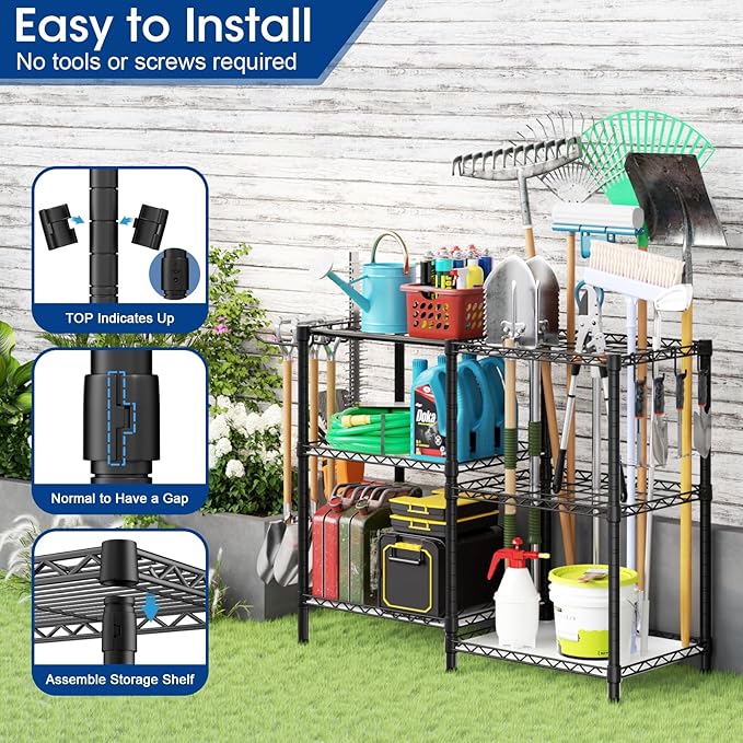 T3 Garden Tool Organizer(With 6 Shelves and 3 PP Panel)Heavy Duty Garage Tool Storage for Yard,Shed and Lawn,Freestanding Tool Organizers and Storage UP to 80 Tools,Black with Anti-Tip Device