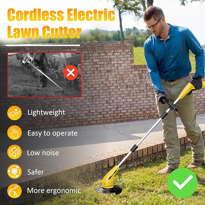 Electric Weed Wacker: Grass String Trimmer with 12V 2.0Ah Batteries & Fast Charger - Cordless Lightweight Cutter/Edger/Mower with 2 Types Blades for Garden Yard Lawn, Yellow