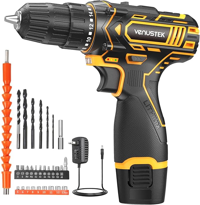Cordless Drill Set, 12V Power Drill with 2.0Ah Battery and 2-Speed, 30Nm Torque, 25+1 Clutch Settings, 3/8" Keyless Chuck, Yellow Electric Drills for Home DIY, Wood, Metal, Plastic Drilling