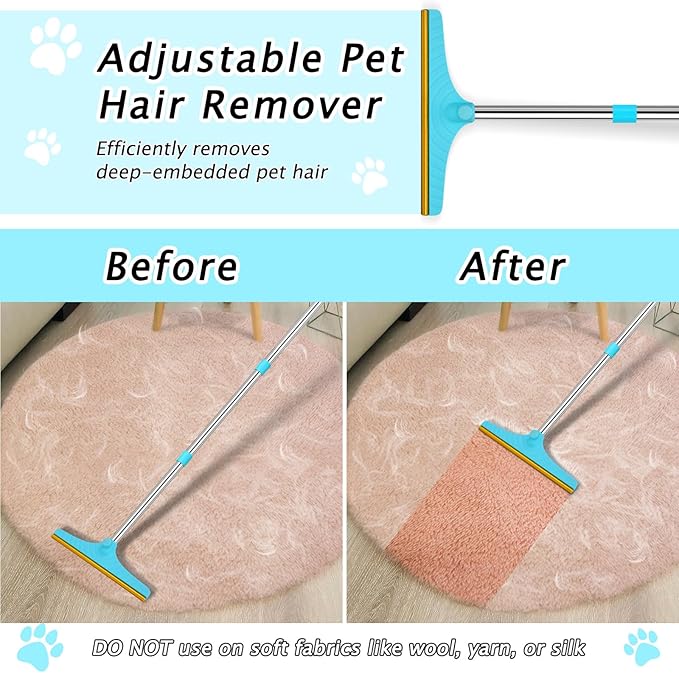 Carpet Rake for Pet Hair Removal - Reusable Pet Hair Remover, 60” Adjustable Long Handle Cat Dog Carpet Rake Scraper with Patented Design, Dog Hair Rake Brush for Rugs, Mats, Couch