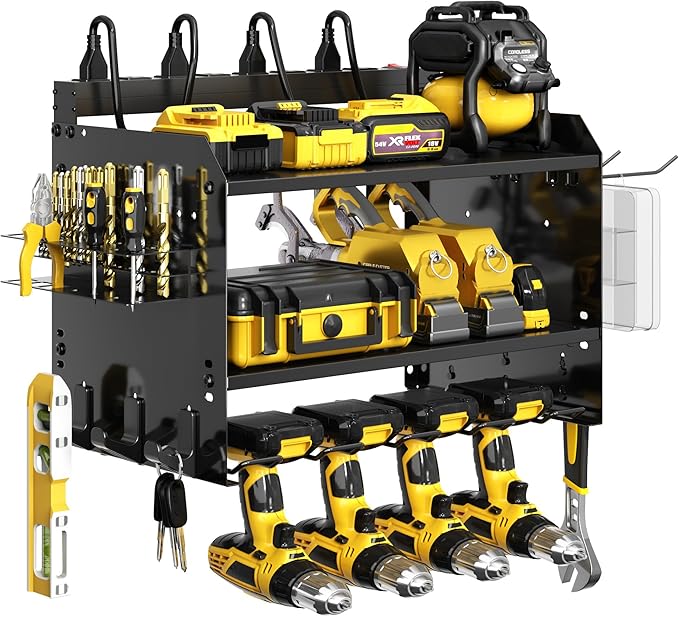 Wide Power Tool Organizer Wall Mount with Charging Station,3 Layer Adjustable Heavy Duty Tool Storage Rack with 8 Outlet Power Strip for Drill,Cordless Tools,Suitable Utility Rack for Garage,Black