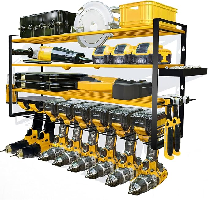Power Tool Organizer Wall Mount – Metal Cordless Drill Storage Rack with 8 Slots, 4-Tier Adjustable Shelf for Garage, Workshop & Shed Yellow