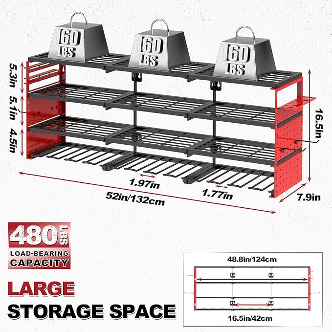 Large Power Tool Organizer Wall Mount, 52" Heavy Duty 4 Tier Garage Storage Shelf with 12 Drill Holder, Power Tool Storage Organizer Loads 480lbs for Garage Organization Warehouse Workshop