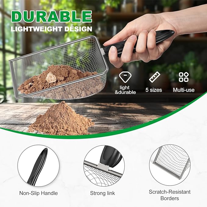 5pcs Soil Sifter Set for Gardening – Includes 2mm/2.8mm/3.8mm/4.3mm/5mm Garden Sifter for Soil, Handheld Compost Sifter for Dirt,Rocks, Heavy-Duty Shovel for Soil, Compost Sifting