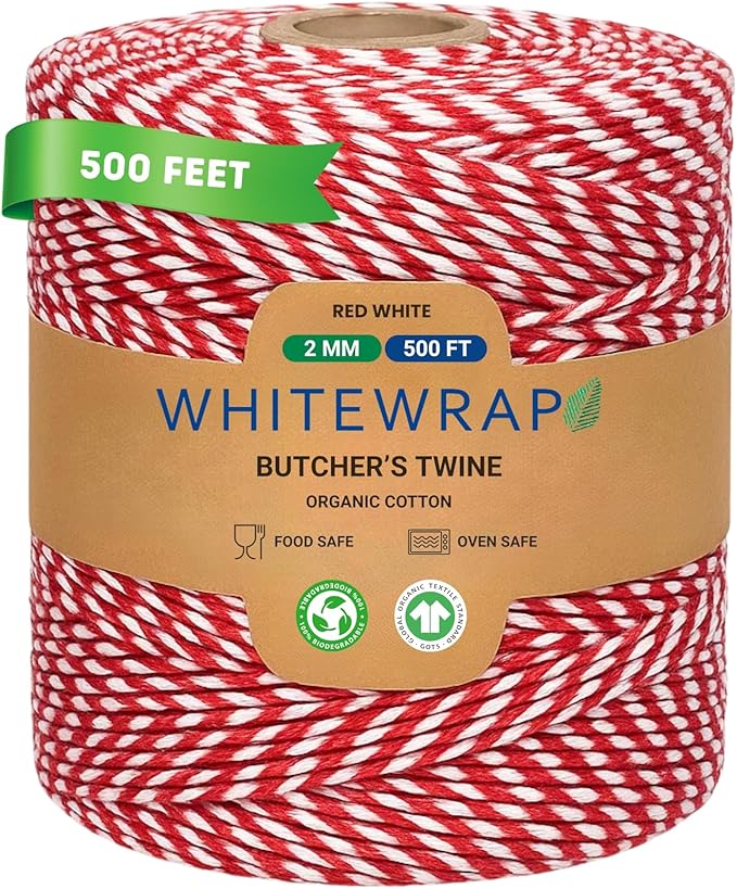 Organic Red and White Twine – 500 Feet Strong Cotton String for Gift Wrapping, Baking, Crafts, Butchering, Holiday Décor, DIY Projects, Packaging & Pastry Boxes