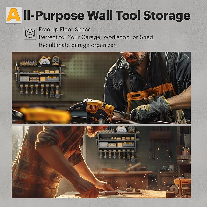 Power Tool Organizer, Quick Assembly & Max 420lb Load With 6 Outlet Power Strip, 4 shelves 8 Slots for Cordless Drill Holder Wall mount in Garage/Workshop/Pegboard Suitable for Birthday Gift