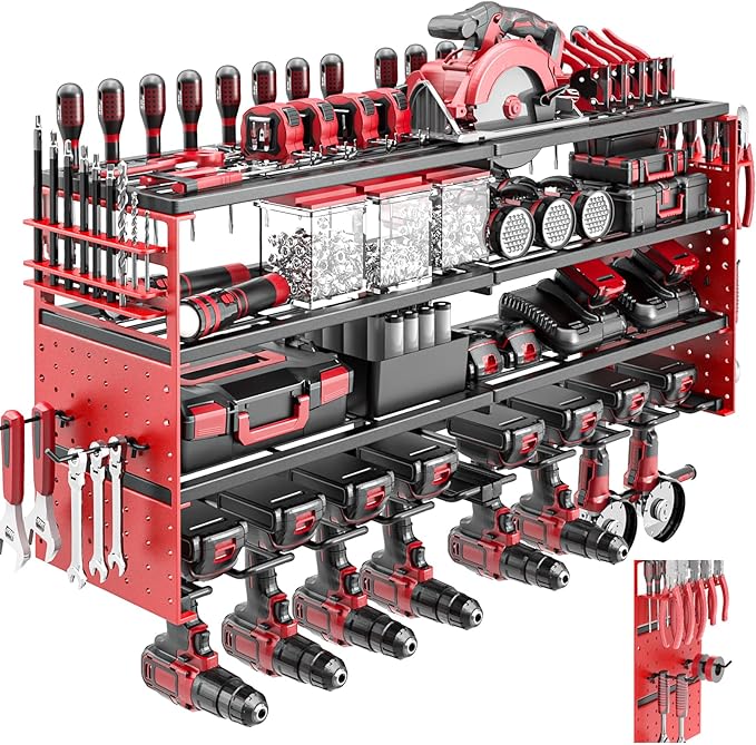 Power Tool Organizer Wall Mount, 4 Layer Heavy Duty Metal Tool Storage Rack, Power Tool Shelf Battery Storage with 8 Cordless Drill Holder,Utility Racks for Garage Workshop