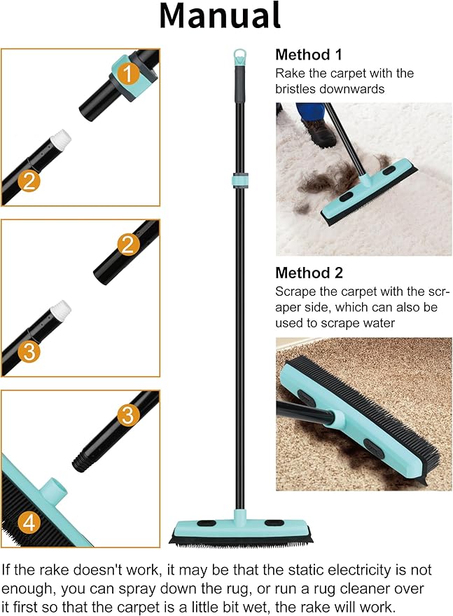 Rubber Broom Carpet Rake for Pet Hair Removal, Fur Remover Broom with 59" Telescoping Long Handle, Pet Hair Broom with Squeegee for Carpet, Hardwood Floor, Tile