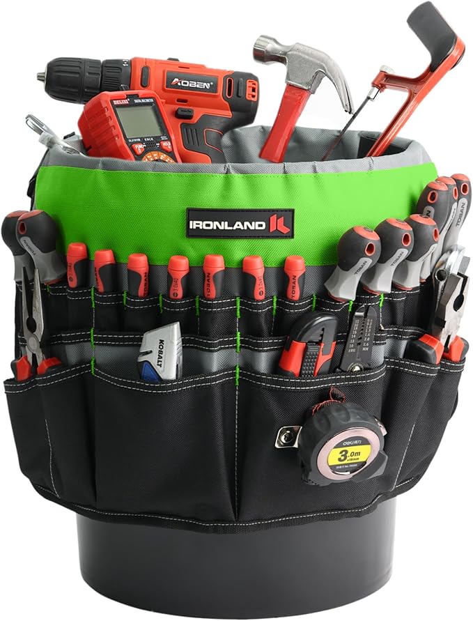 IRONLAND Bucket Tool Organizer Fit 3.5-5 Gallon Bucket, 51 Pockets, Bucket Tool Caddy Organization for Garden, Construction, Carpenter, Electrician, Builder Green & Black