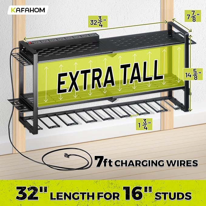 KAFAHOM Power Tool Organizer with Charging Station. 8 Drill Holder 3 Layers Tool Storage Shelf Wall Mount Built in 8 Outlet Power Strip.Tool Battery Holder with Screwdriver/Hammer