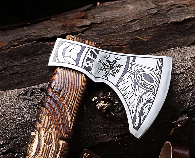 Viking Axe | Hand-Forged Carbon Steel Tomahawk with Rosewood Handle & Leather Sheath, Bearded Axe for Camping, Bushcraft, Throwing, Gifts for Men (Wood)