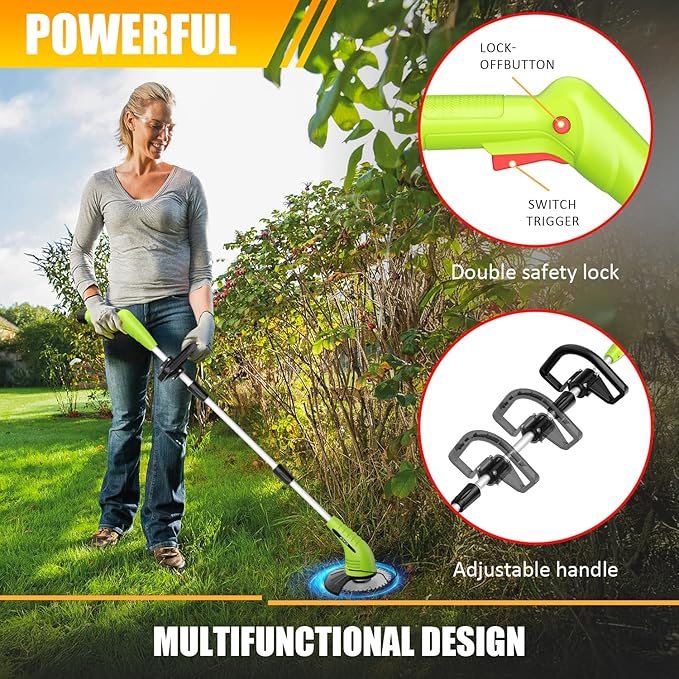 Electric Weed Wacker: Grass String Trimmer with 12V 2.0Ah Batteries & Fast Charger - Cordless Lightweight Cutter/Edger/Mower with 2 Types Blades for Garden Yard Lawn, Green