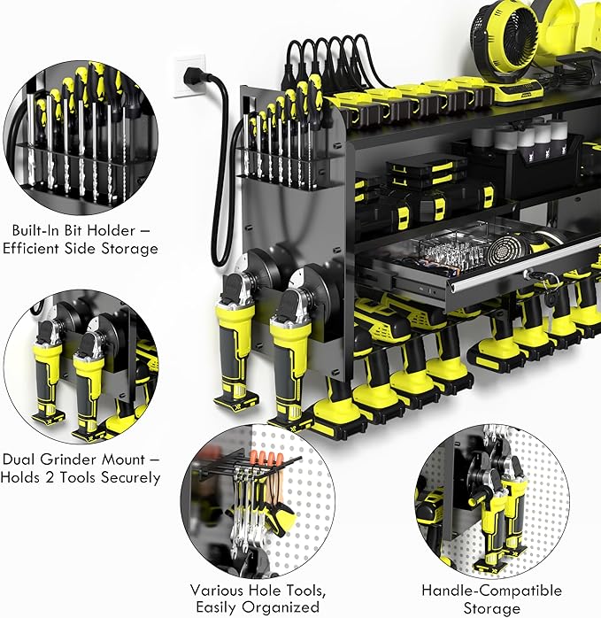KSVO Power Tool Organizer Wall Mount with Drill Rack, Grinder Holder, Hammer & Pliers Rack, Locking Drawers, 6-Outlet Charging Shelf – Heavy Duty Metal Tool Storage for Garage, Workshop (Black)