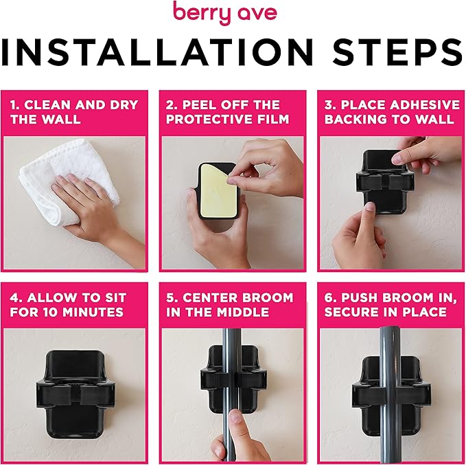 Combo 5 Slot Broom Holder w/ 1 Self Adhesive Mop Gripper No-Drilling, Wall Mount Tool Organizers For Kitchen, Garage, Laundry Room- Anti-Slip Hanger For Brooms, Mops, Rakes, Dustpans (Black/Black)