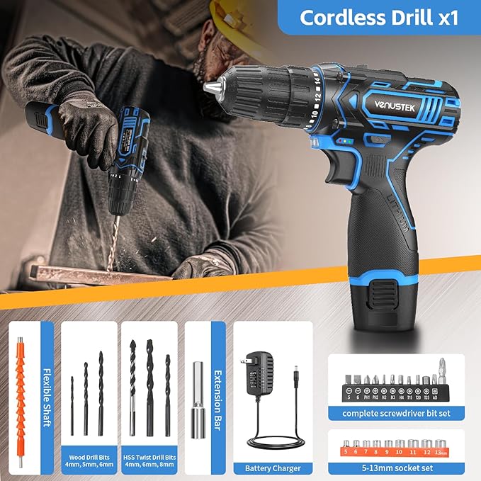 Cordless Drill Set, 12V Power Drill with 2.0Ah Battery and 2-Speed, 30Nm Torque, 25+1 Clutch Settings, 3/8" Keyless Chuck, Blue Electric Drills for Home DIY, Wood, Metal, Plastic Drilling