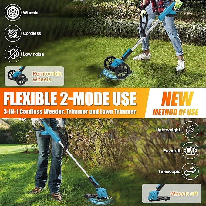 Cordless Weed Wacker Eater Electric Grass Trimmer Battery Powered with 2 Battery&25 Pcs Blade, 3 in 1 21V/2.0Ah Lightweight Portable String Trimmers/Edger Lawn Tool/Brush Cutter for Yard Garden