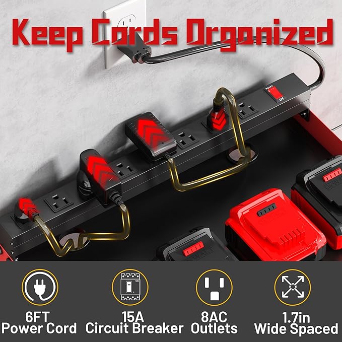 Wide Power Tool Organizer Wall Mount with Charging Station,3 Layer Adjustable Heavy Duty Tool Storage Rack 4 Drills with 8 Outlet Power Strip,Hooks,Screwdriver box,Garage Gifts for Fathers Day,Red