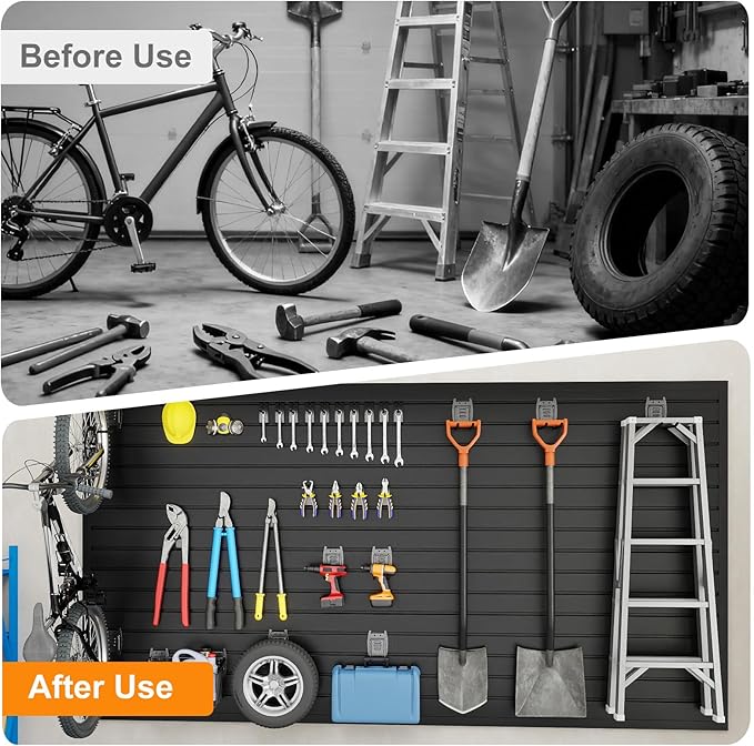 DoCred Slatwall Paneling Organizer, 4x4 FT PVC Garage Slat Wall Storage Systems, Heavy Duty Mounted Slat Peg Board for Tool Organization Ladder Bike Includes 20 PCS Hooks Accessories Kit (Black)