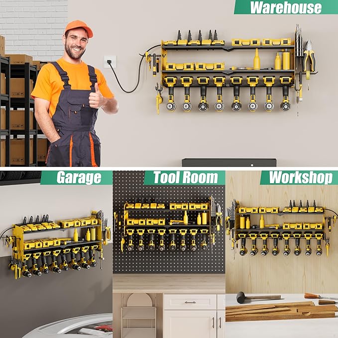 Suchtale Power Tool Organizer Wall Mount,Drill Organizer,33.2" Garage Storage,8 Drill Holders,3 Layers Heavy Duty Metal Shelf with 8 Outlets Power Strip, Gifts for Dad,Husband,Yellow