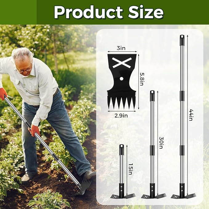 Weed Puller Tool with Long Handle - 44" Heavy Duty Manual Weeder & Garden Hoe, 2 in 1 Uprooting Tool for Yard, Lawn, Flower Bed, and Patio, Durable Weed Remover for Gardening