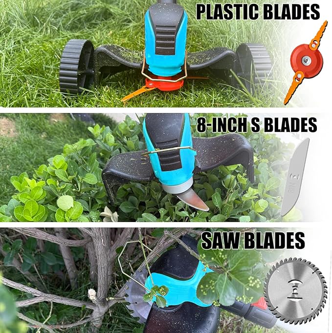 Electric Cordless Weed Wacker Eater Battery Powered, Lightweight No-String Weed Trimmer with 2x 4.0Ah Battery Operated & Wheels, 3 in 1 Stringless Grass Trimmer/Edger/Brush Cutter for Garden Yard Lawn