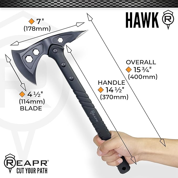 Reapr Tactical Hawk 7" Dual-Blade Throwing Axe – Survival Tomahawk with Spike & Axe Head, Stainless Steel, Nylon-Fiberglass Handle, Belt Sheath – Camping, Hunting, Wood Splitting, Gift for Outdoorsmen