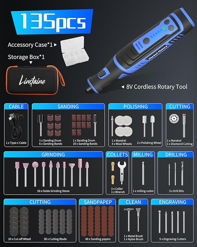 8V Cordless Rotary Tool Kit with 135pcs Accessories, 2.8Ah Battery Rechargeable Engraving Pen with LED Light, 5-Speed 30000RPM Power Rotary Tools for Drilling Grinding Sanding Polishing Cutting