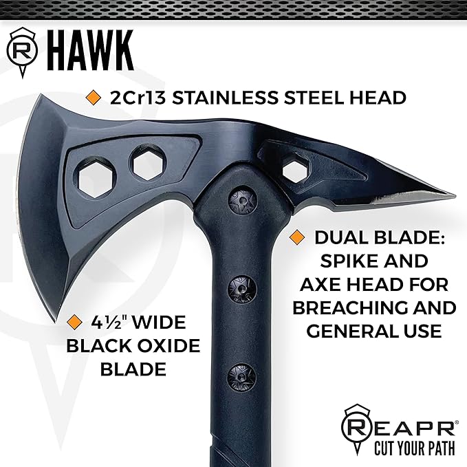 Reapr Tactical Hawk 7" Dual-Blade Throwing Axe – Survival Tomahawk with Spike & Axe Head, Stainless Steel, Nylon-Fiberglass Handle, Belt Sheath – Camping, Hunting, Wood Splitting, Gift for Outdoorsmen