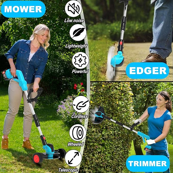 Electric Cordless Weed Wacker Eater Battery Powered, Lightweight No-String Weed Trimmer with 2x 4.0Ah Battery Operated & Wheels, 3 in 1 Stringless Grass Trimmer/Edger/Brush Cutter for Garden Yard Lawn