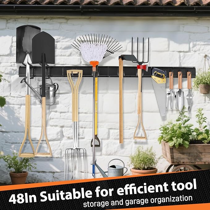48" Garage Tool Organizer Wall Mount - 440lbs Heavy Duty Metal Rack with Adjustable Hooks, Anti-Rust Shed Storage for Shovels/Rakes/Brooms/Mowers, Efficient Garage & Garden Organization