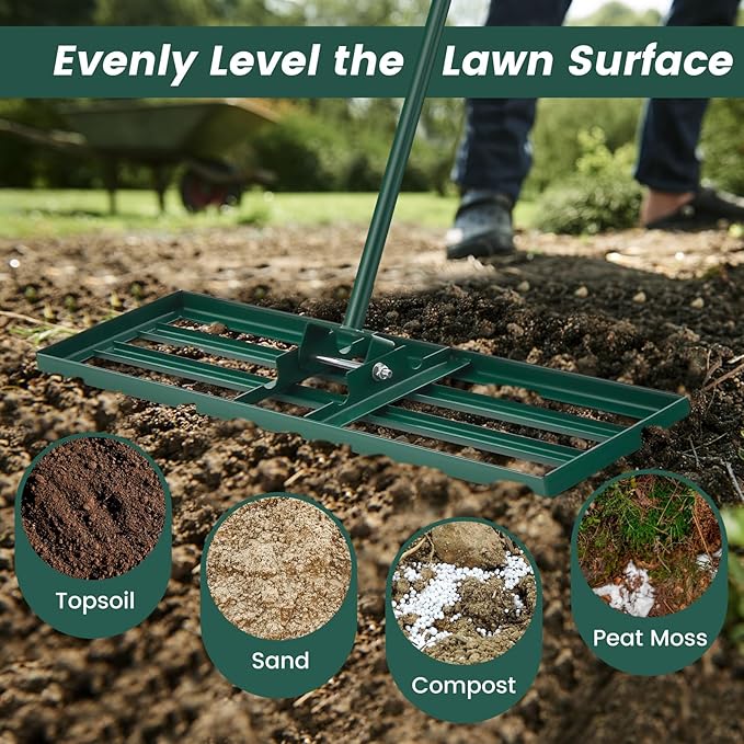Goplus Lawn Leveling Rake, 36" x 10" Heavy Duty Level Lawn Tool w/ Ergonomic Handle for Soil, Effort-Saving Landscape Rake for Garden, Backyard, Golf Course, Farm, Pasture