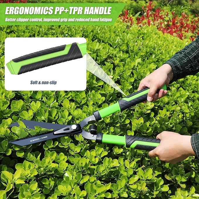 Professional Heavy Duty Hedge Shears 23" - Serrated Blade & Dual Shock Handle, Ergonomic Gardening Clippers with Anti-Rust Coating