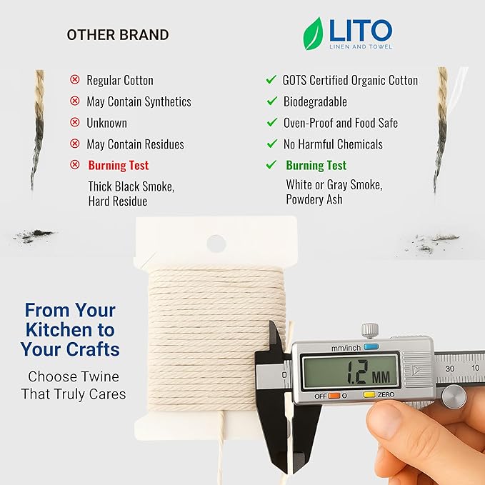 Organic Butcher’s Twine 100 Feet for Cooking & Trussing Meat– 1.2mm Heavy Duty Natural Cotton Kitchen String, Food-Safe & Oven-Safe for Turkey, Baking, BBQ & Crafts