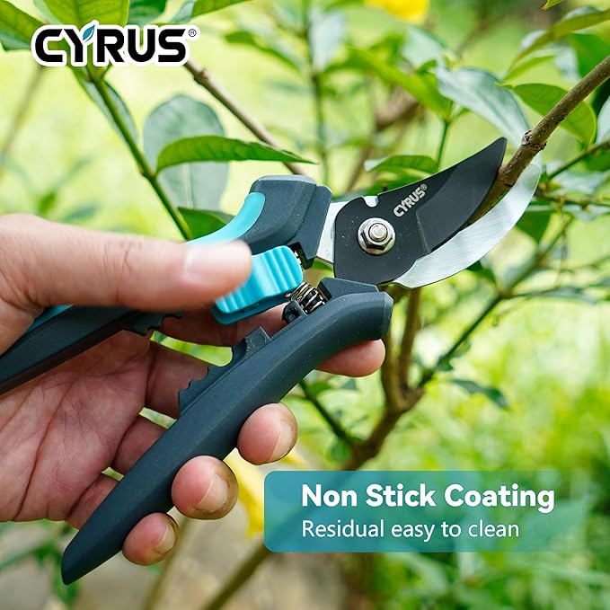 CYRUS Pruning Shears for Gardening 8" Pruners Trimming Scissors Non Stick Coating Blade Carbon Steel with Anti Slip Handle Scissors Widely Used for Gardening, Hydroponics, Grow Tents-CYRUS
