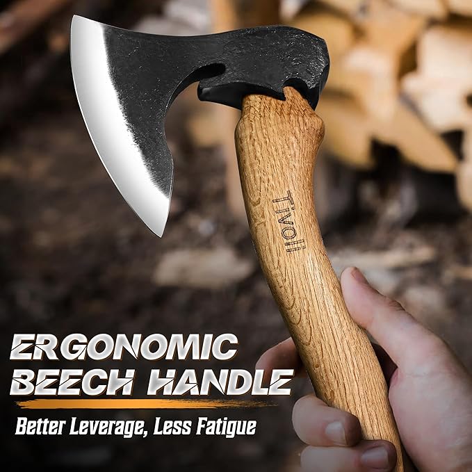 Tivoli Camping Hatchet Axe with Sheath – 16.5" High Carbon Steel Axe with Beech Wood Handle – Bushcraft Hatchet & Wood Splitting Axes for Gardening, Carving, Outdoor Adventures – Gift for Men