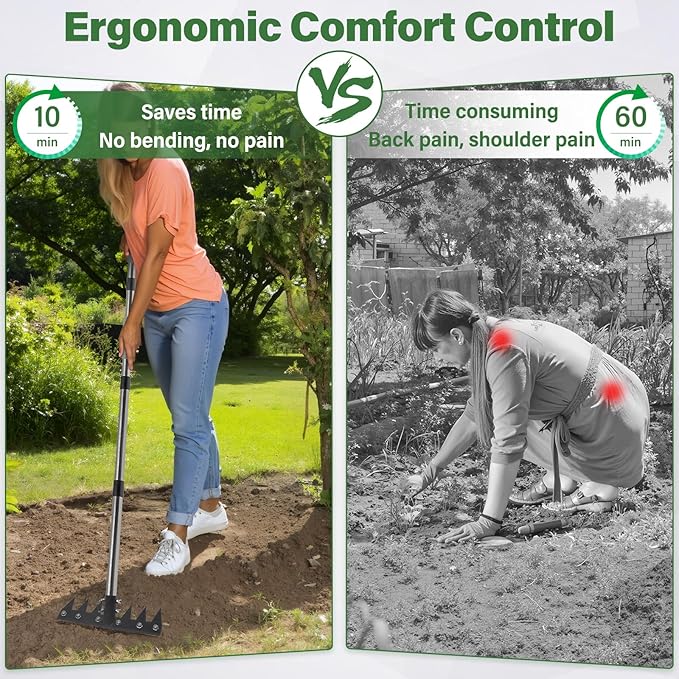 Weeding Rake Tool, Garden Weed Puller with Detachable Long Handle, 62 Inch Heavy Duty Hand Weed Remover Tool for Lawn, Yard, Atio and Backyard (7 Tines)