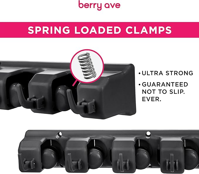 Combo 5 Slot Broom Holder w/ 1 Self Adhesive Mop Gripper No-Drilling, Wall Mount Tool Organizers For Kitchen, Garage, Laundry Room- Anti-Slip Hanger For Brooms, Mops, Rakes, Dustpans (Black/Black)