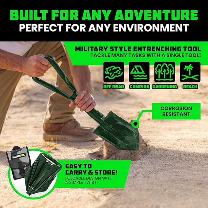 RHINO USA Folding Survival Shovel w/Pick - Heavy Duty Carbon Steel Military Style Entrenching Tool for Off Road, Camping, Gardening, Beach, Digging Dirt, Sand, Mud & Snow - Green