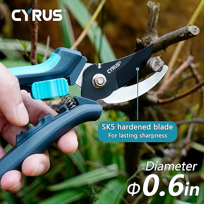 CYRUS Pruning Shears for Gardening 8" Pruners Trimming Scissors Non Stick Coating Blade Carbon Steel with Anti Slip Handle Scissors Widely Used for Gardening, Hydroponics, Grow Tents-CYRUS